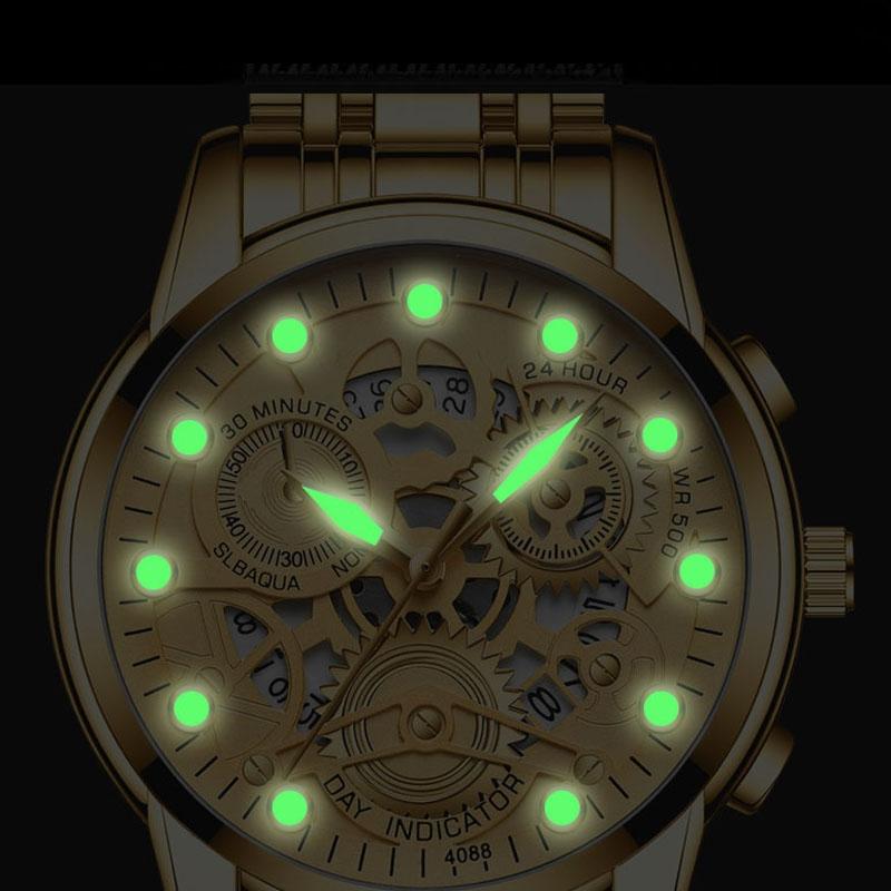 Waterproof Luminous Men Quartz Watch - Hollow Design - Gold And Gold Surface
