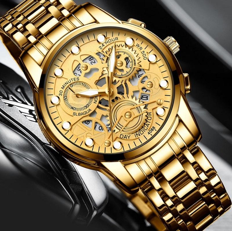 Waterproof Luminous Men Quartz Watch - Hollow Design - Gold And Gold Surface