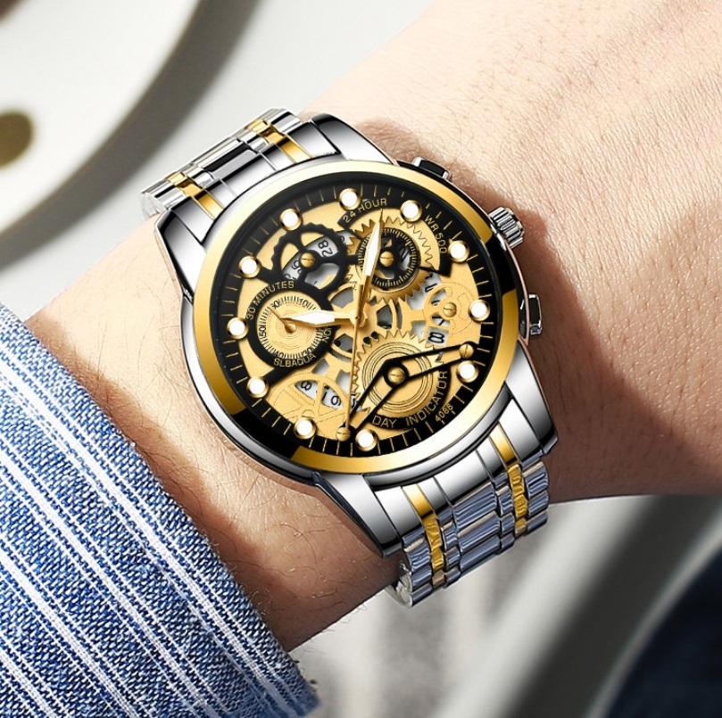 Waterproof Luminous Men Quartz Watch - Hollow Design - Gold And Gold Surface