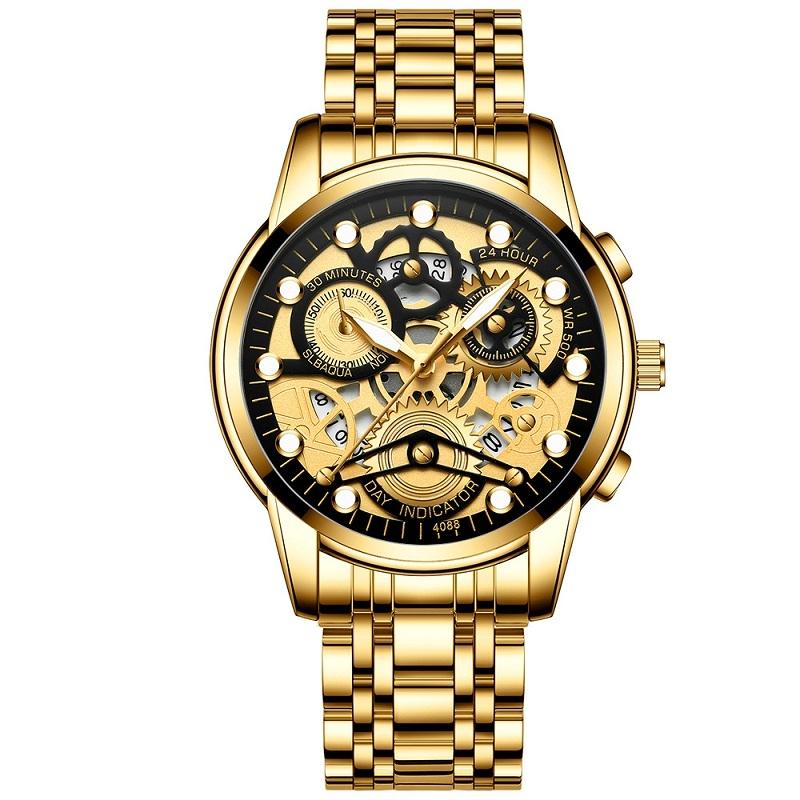 Waterproof Luminous Men Quartz Watch - Hollow Design - Gold And Gold Surface