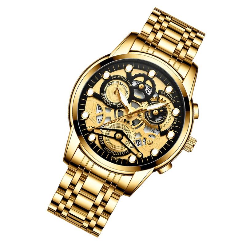 Waterproof Luminous Men Quartz Watch - Hollow Design - Gold And Gold Surface