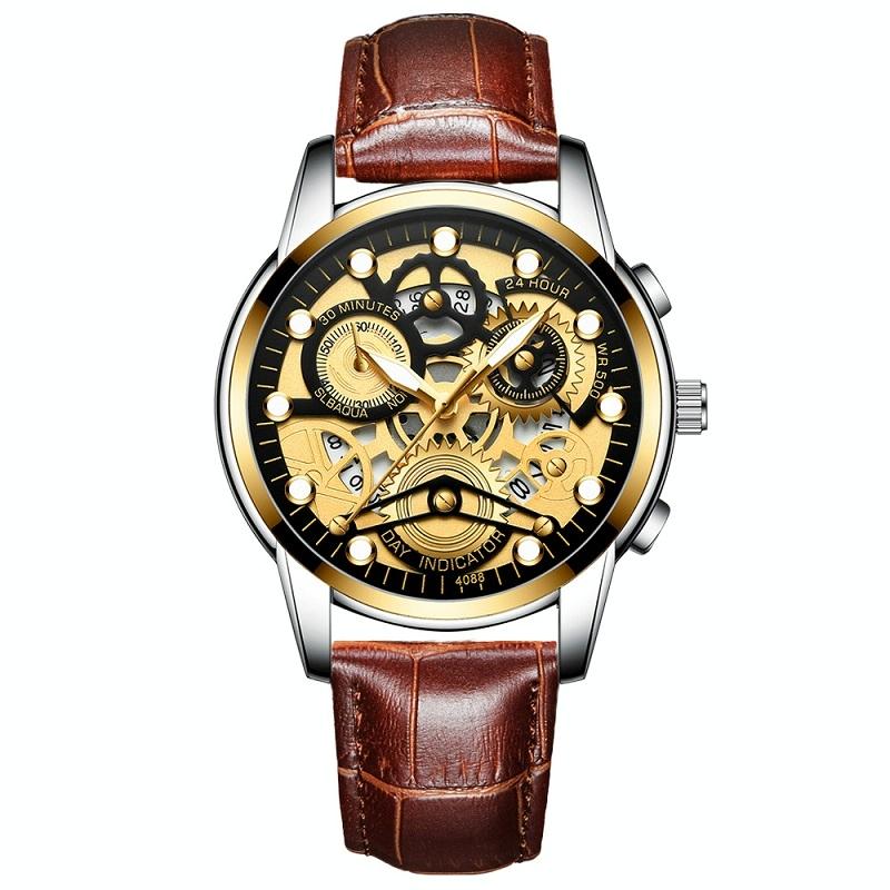 Waterproof Luminous Men Quartz Watch - Hollow Design - Gold And Gold Surface