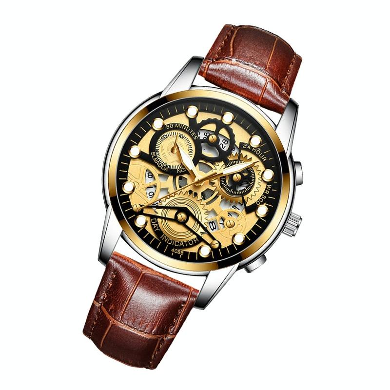 Waterproof Luminous Men Quartz Watch - Hollow Design - Gold And Gold Surface