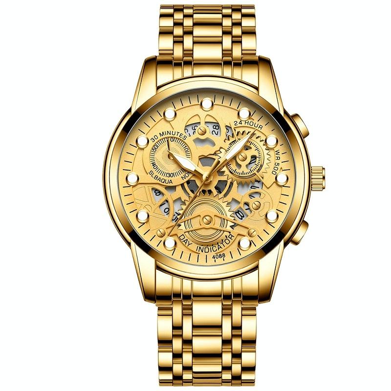 Waterproof Luminous Men Quartz Watch - Hollow Design - Gold And Gold Surface