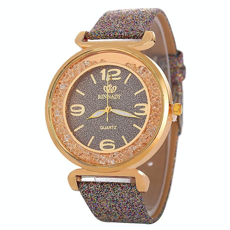 Gold Rhinestone Quartz Watch with Pu Leather Strap for Women - Gold