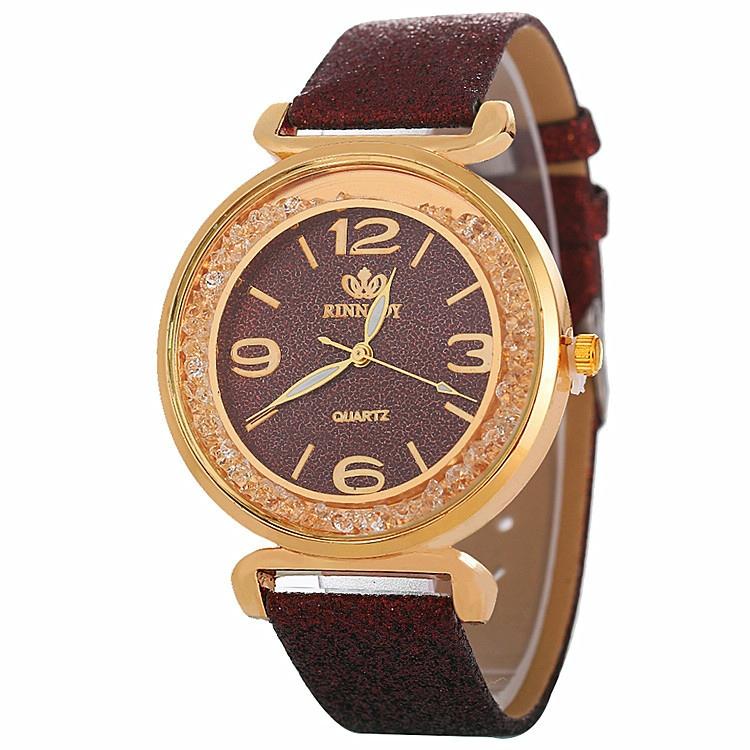 Gold Rhinestone Quartz Watch with Pu Leather Strap for Women - Gold