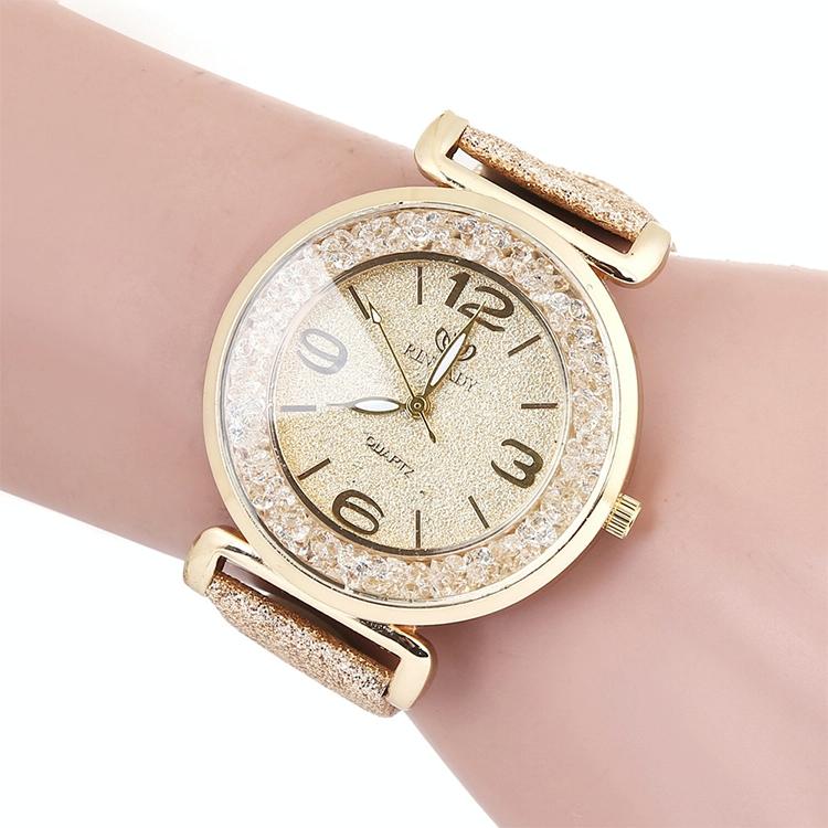 Gold Rhinestone Quartz Watch with Pu Leather Strap for Women - Gold