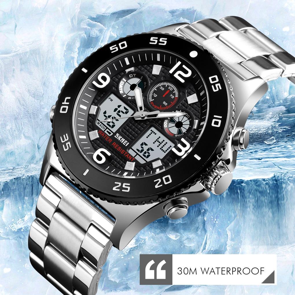 Men Casual Sports Watch with Large Dial and Steel Band - Black-Steel Belt