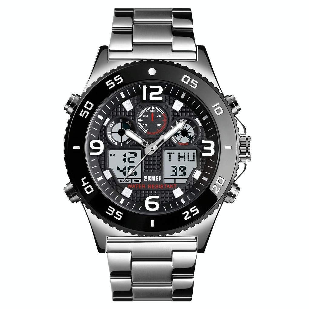 Men Casual Sports Watch with Large Dial and Steel Band - Black-Steel Belt
