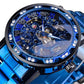 Men Skeleton Diamond Mechanical Watch - Luminous Pointer - Gold Belt Gold Shell Gold Face