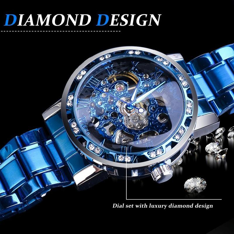 Men Skeleton Diamond Mechanical Watch - Luminous Pointer - Gold Belt Gold Shell Gold Face
