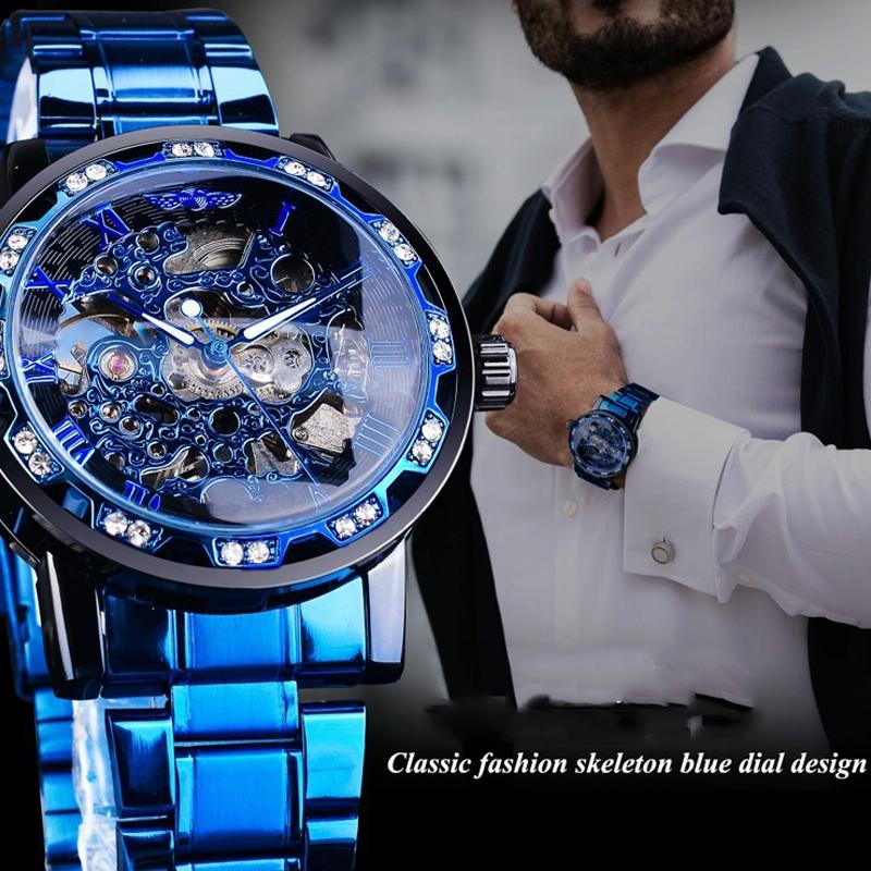 Men Skeleton Diamond Mechanical Watch - Luminous Pointer - Gold Belt Gold Shell Gold Face