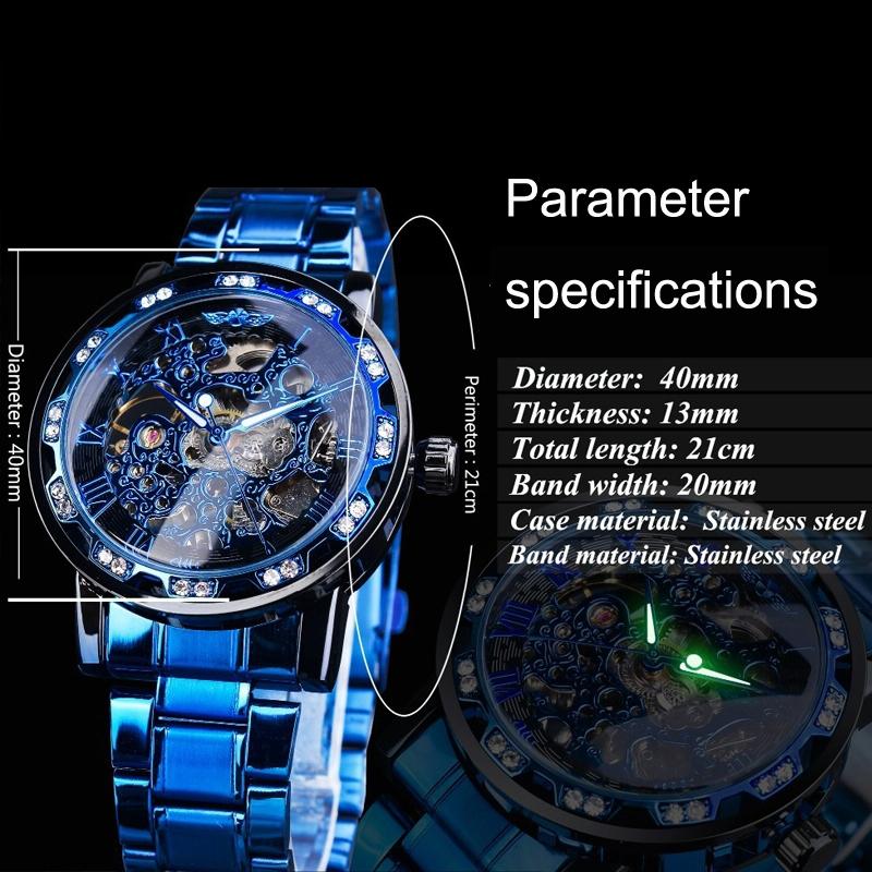 Men Skeleton Diamond Mechanical Watch - Luminous Pointer - Gold Belt Gold Shell Gold Face