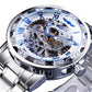 Men Skeleton Diamond Mechanical Watch - Luminous Pointer - Gold Belt Gold Shell Gold Face