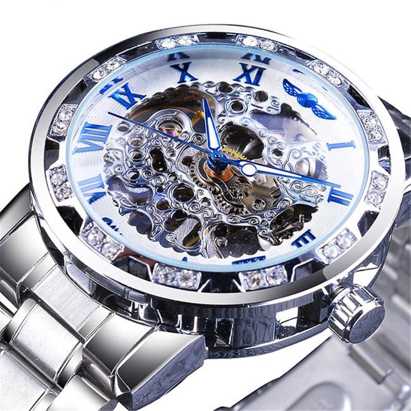 Men Skeleton Diamond Mechanical Watch - Luminous Pointer - Gold Belt Gold Shell Gold Face
