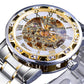 Men Skeleton Diamond Mechanical Watch - Luminous Pointer - Gold Belt Gold Shell Gold Face