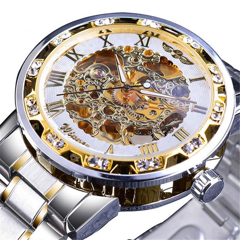 Men Skeleton Diamond Mechanical Watch - Luminous Pointer - Gold Belt Gold Shell Gold Face