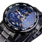 Men Skeleton Diamond Mechanical Watch - Luminous Pointer - Gold Belt Gold Shell Gold Face