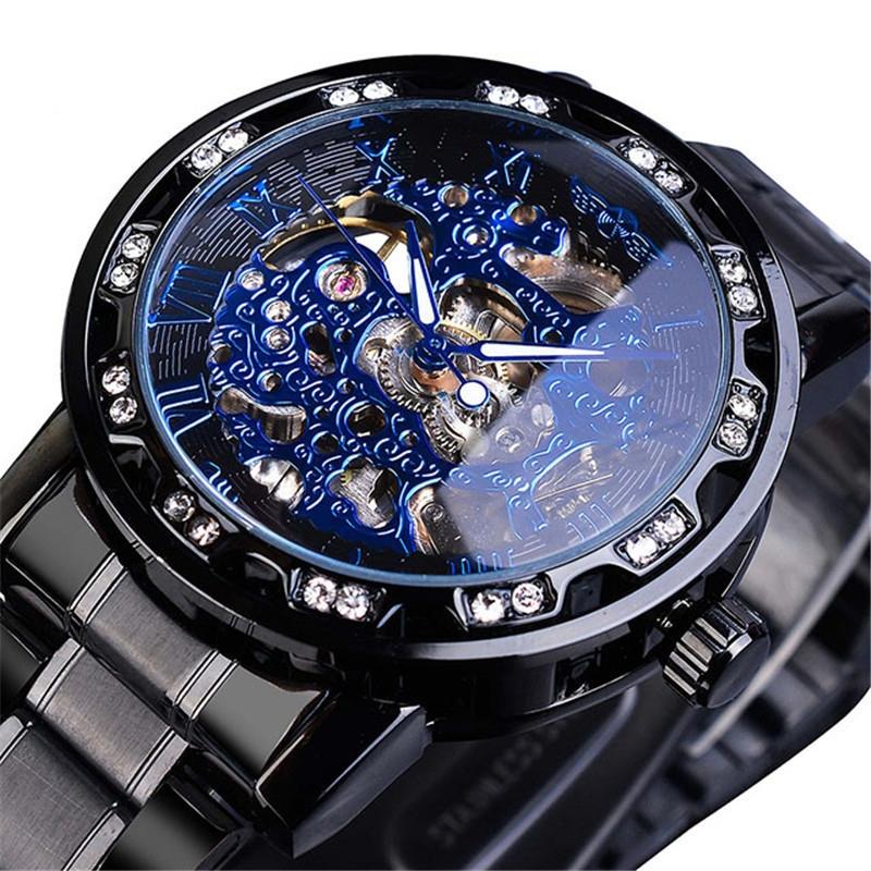 Men Skeleton Diamond Mechanical Watch - Luminous Pointer - Gold Belt Gold Shell Gold Face