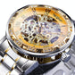 Men Skeleton Diamond Mechanical Watch - Luminous Pointer - Gold Belt Gold Shell Gold Face