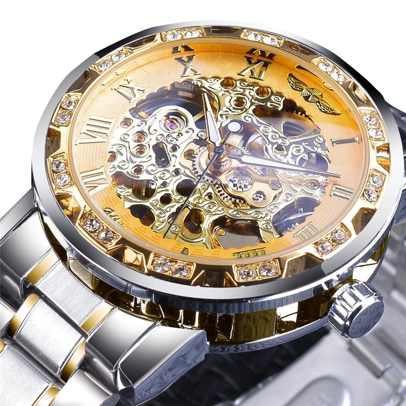 Men Skeleton Diamond Mechanical Watch - Luminous Pointer - Gold Belt Gold Shell Gold Face