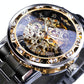 Men Skeleton Diamond Mechanical Watch - Luminous Pointer - Gold Belt Gold Shell Gold Face