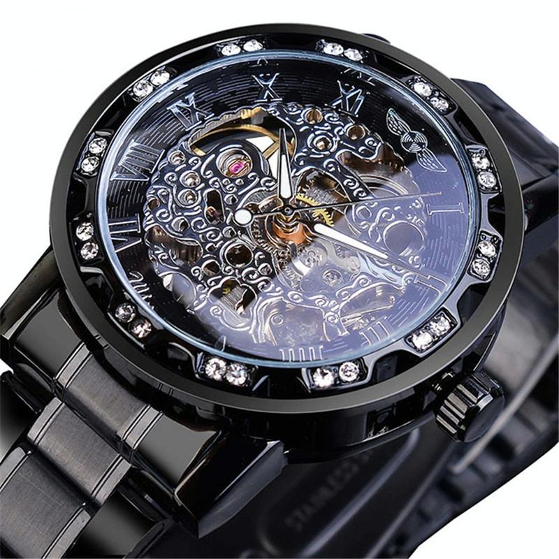 Men Skeleton Diamond Mechanical Watch - Luminous Pointer - Gold Belt Gold Shell Gold Face