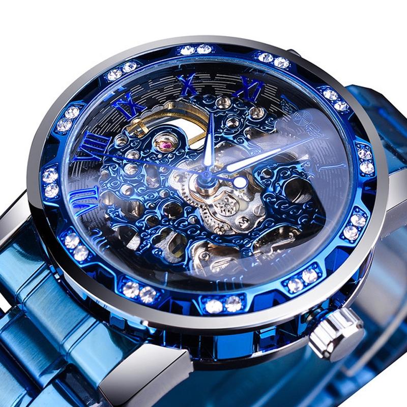 Men Skeleton Diamond Mechanical Watch - Luminous Pointer - Gold Belt Gold Shell Gold Face