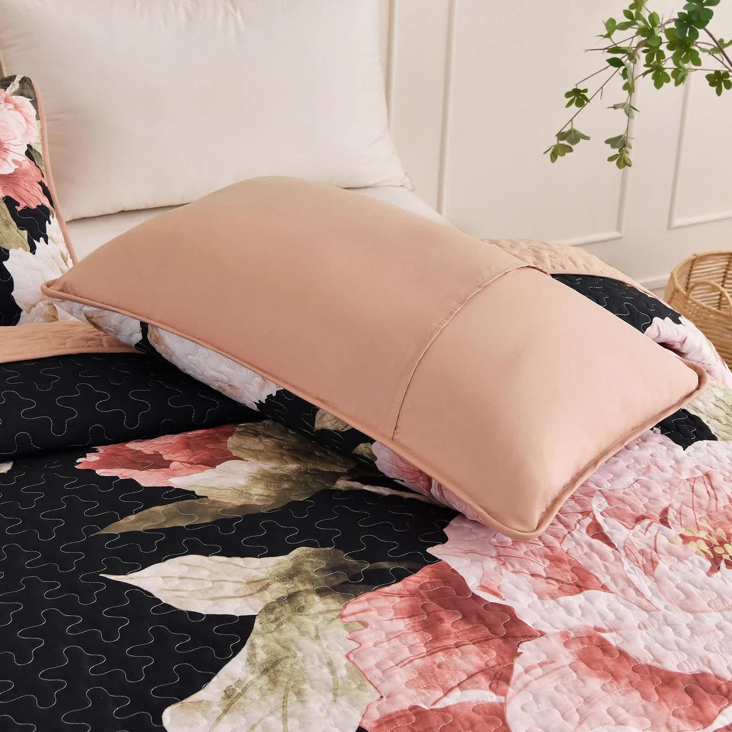 Blossom Trio Quilted Coverlet Set with Pillowcases (Black, Red & Pink