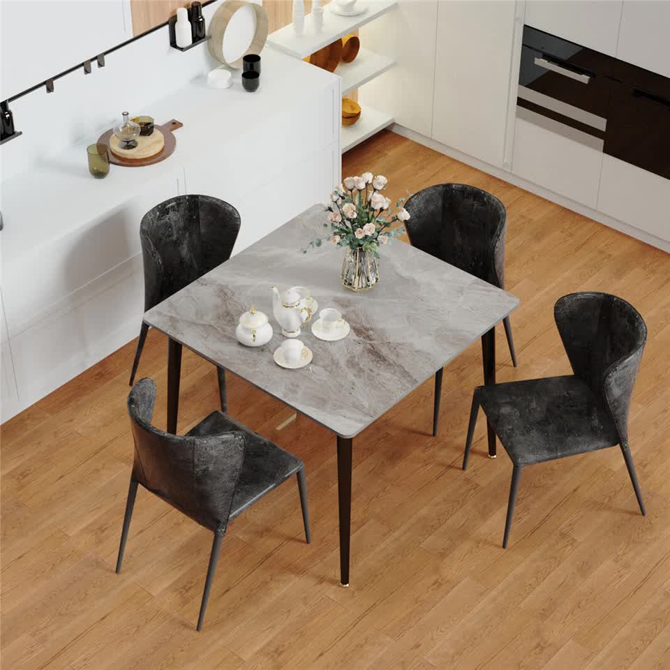 Square Marble Dining Table Sintered Stone Kitchen Table 80x80cm - Modern Restaurant Table with Metal Legs