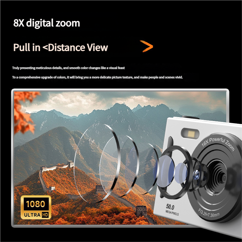 50MP HD Digital Camera with 8X Zoom & Dual Lens System(rose red)