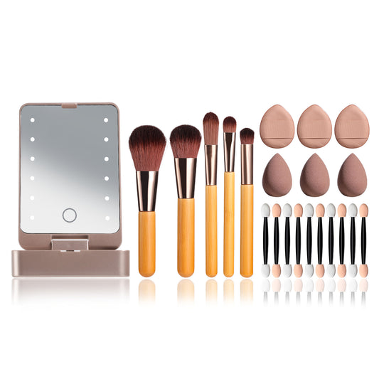 All-in-One Portable Makeup Brush Kit with LED Mirror Travel Case, Sponges & Applicators(pink)