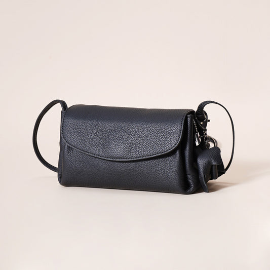 Genuine Leather Flap Crossbody Bag with Elephant Charm - Compact & Stylish Shoulder Purse(Black)