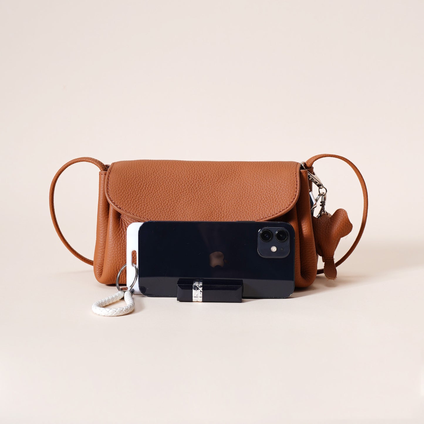 Genuine Leather Flap Crossbody Bag with Elephant Charm - Compact & Stylish Shoulder Purse(Black)
