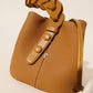 Genuine Leather Mini Bucket Bag with Braided Handle - Chic Drawstring Crossbody Purse(Biscuit)