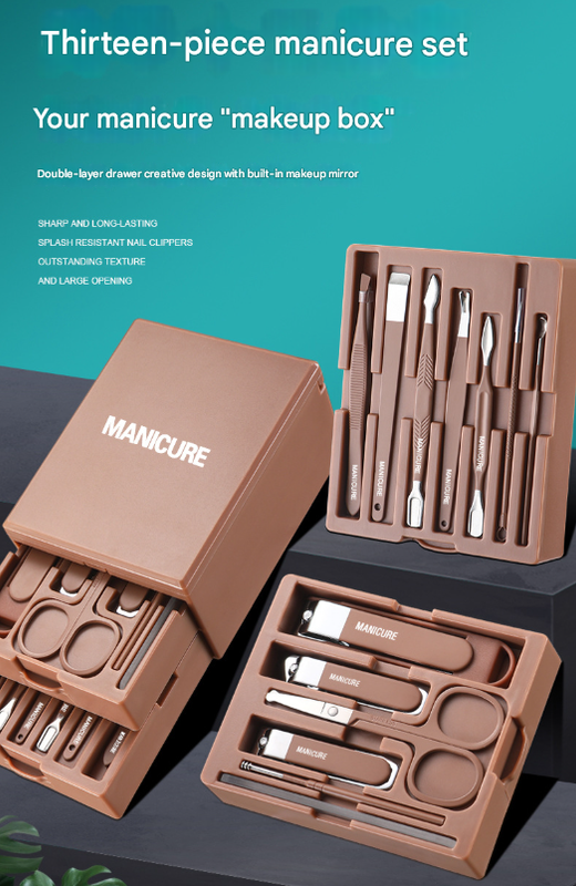 White Premium 13-in-1 Manicure & Grooming Kit - Professional Carbon Steel Pedicure Set with Dual-Drawer Case & Mirror