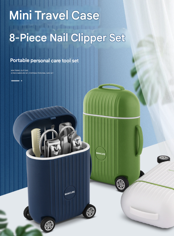 White Mini Suitcase Manicure Set - 8-Piece Portable Grooming & Nail Care Travel Kit