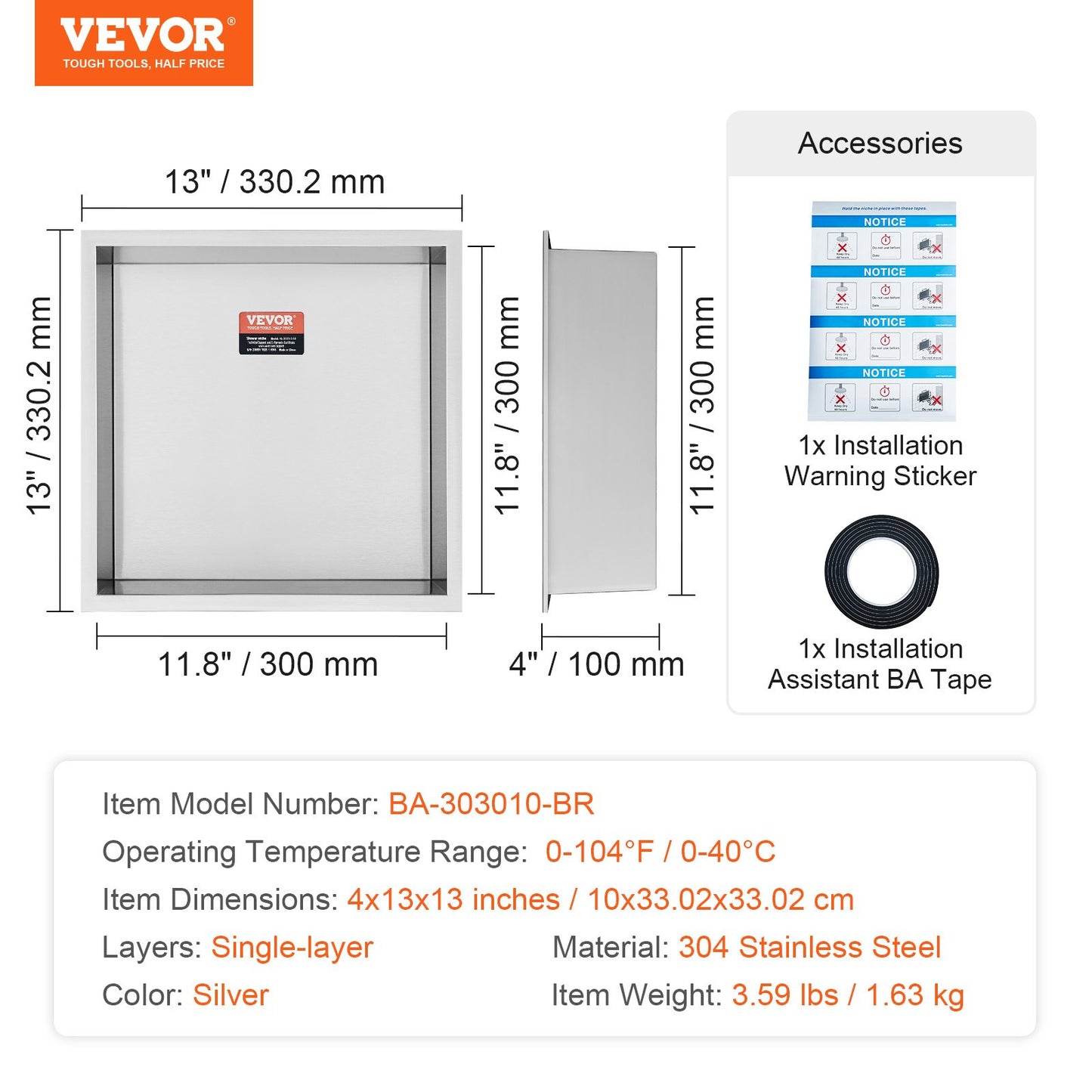 33.02 x 33.02 cm No Tile Shower Niche 304 Stainless Steel, Wall-Inserted Niche Recessed Double Shelves, Sealed Waterproof Rust-Resistant Modern Niche for Shower Bathroom Soap Storage, Silver