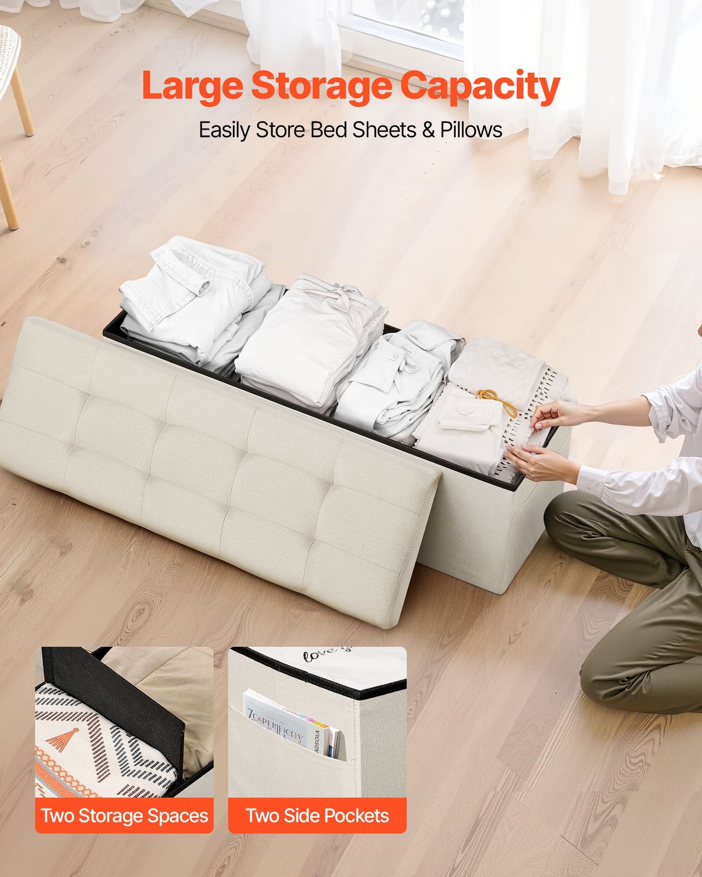 VEVOR Foldable Storage Ottoman Bench, End of Bed Bench with Side Bags, Folding Upholstered Storage Chest Supports 660 lbs, Linen Bed Ottoman with Large Space for Living Room, Bedroom, Entryway, Beige