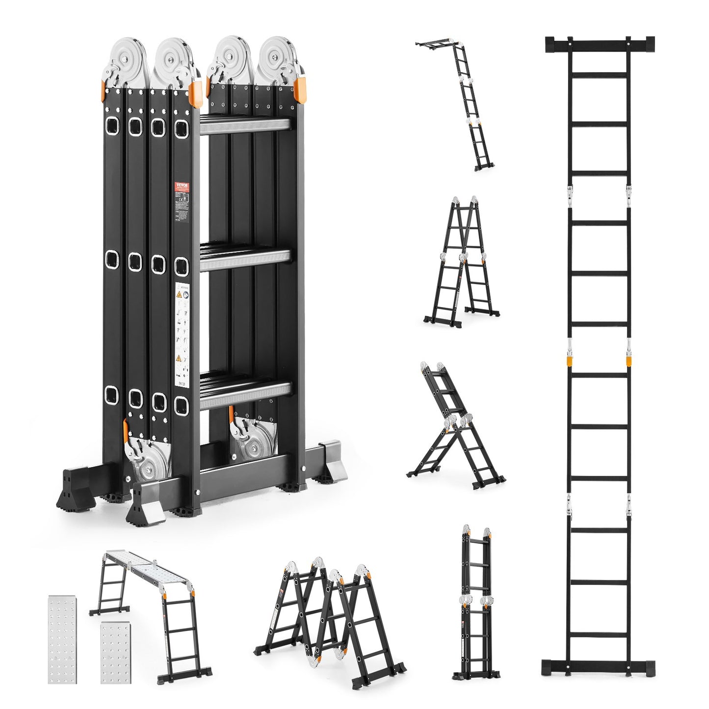 VEVOR Multi-Purpose Folding Ladder 7-in-1 3 Step 12ft with Scaffolding Plank