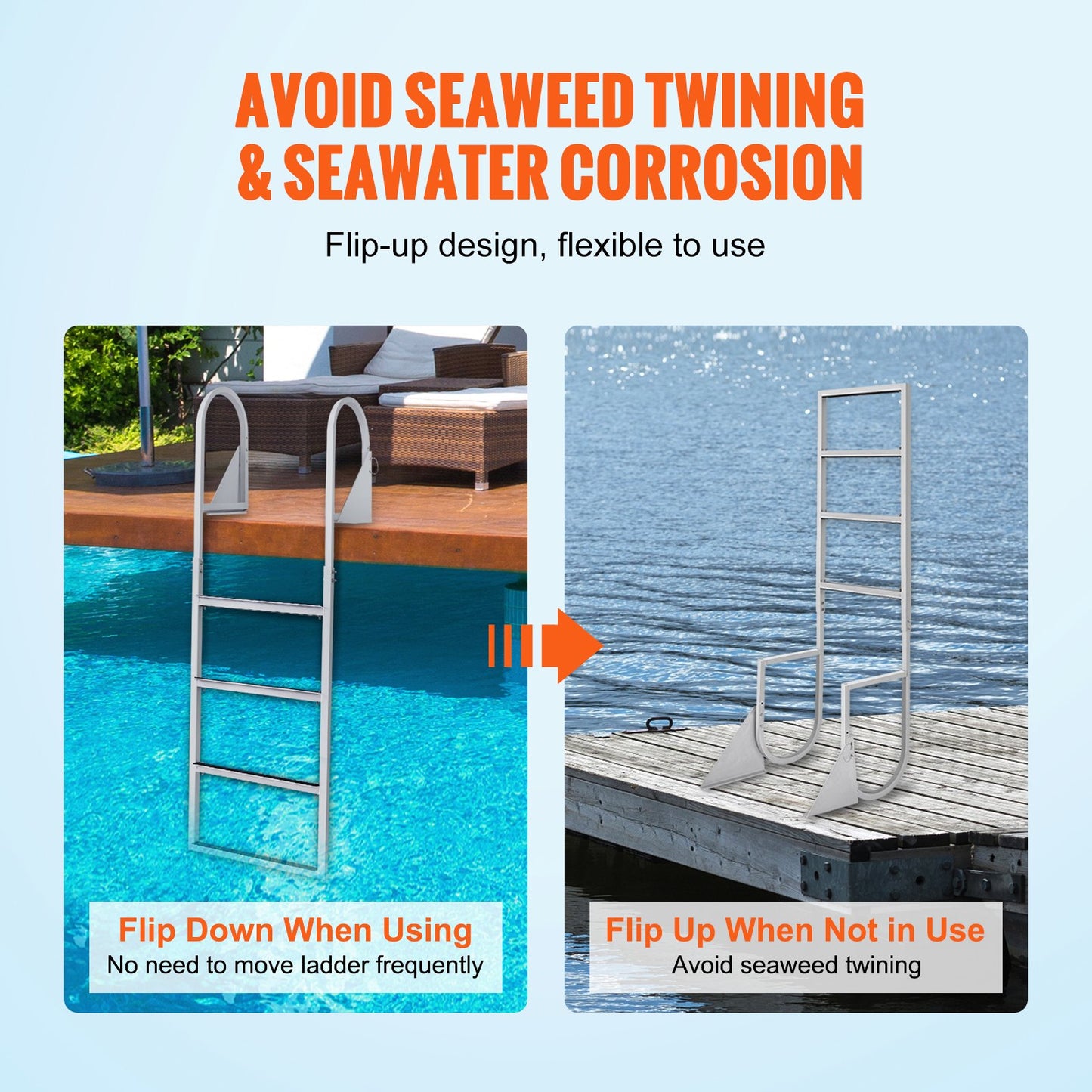 VEVOR Dock Ladder, Flip-Up 4 Steps, 159 kg Load Capacity, Aluminum Alloy Pontoon Boat Ladder with 50.8 mm Wide Step & Nonslip Rubber Mat, Easy to Install for Ship/Lake/Pool/Marine Boarding