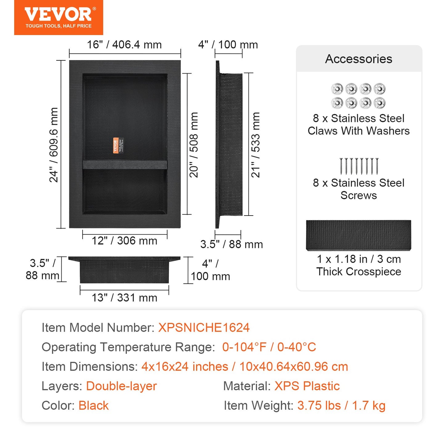Shower Niche Ready for Tile 40.64 x 60.96 cm, 16 x 24 inch Double Shelf Organizer, Square Corners Wall-inserted Niche Recessed, Sealed Protection Modern Soap Storage Niche for Shower Bathroom, Black