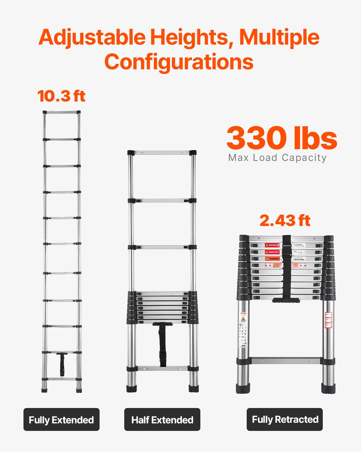 VEVOR Telescoping Ladder Stainless Steel Extension Step 3740mm Portable Ladders