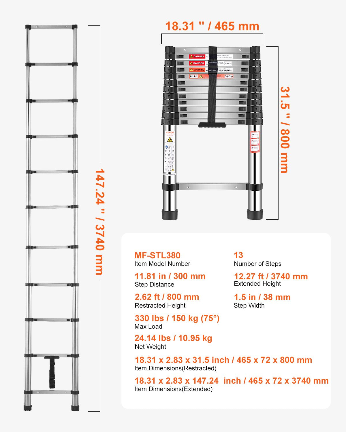 VEVOR Telescoping Ladder Stainless Steel Extension Step 3740mm Portable Ladders