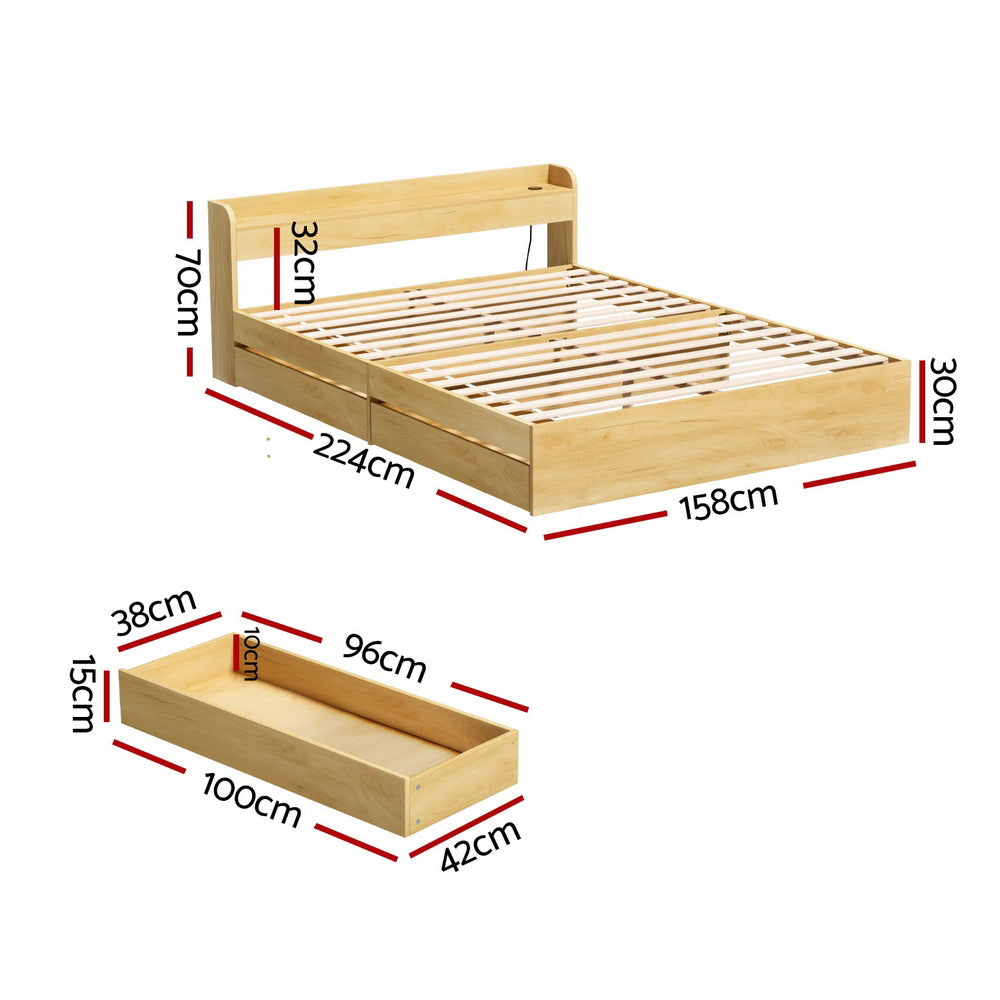 Artiss Bed Frame Queen Size with Charging Ports and 2 Drawers AURA