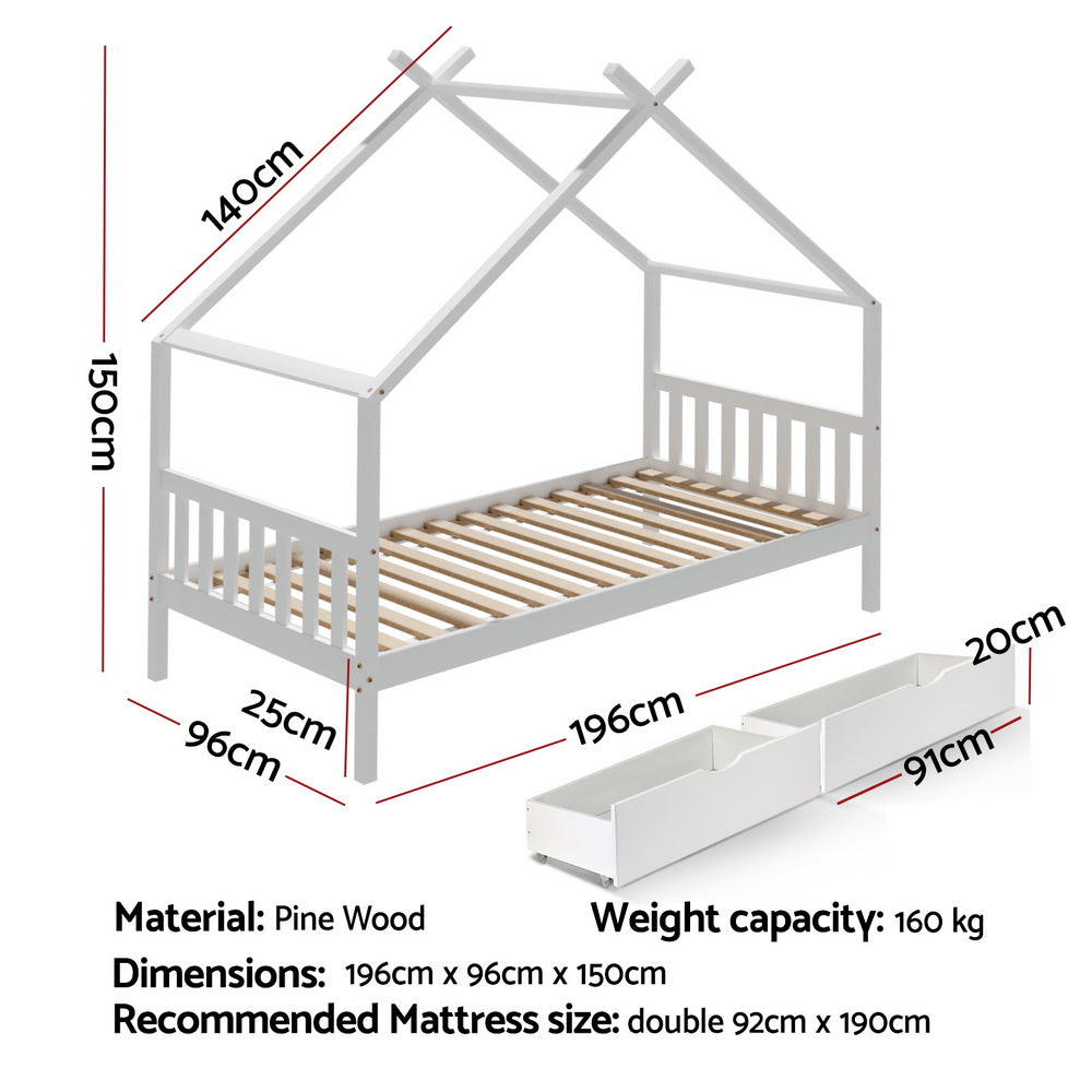 Artiss Bed Frame Wooden Base Kids Single Timber House  with 2 Storage Drawers Beds White