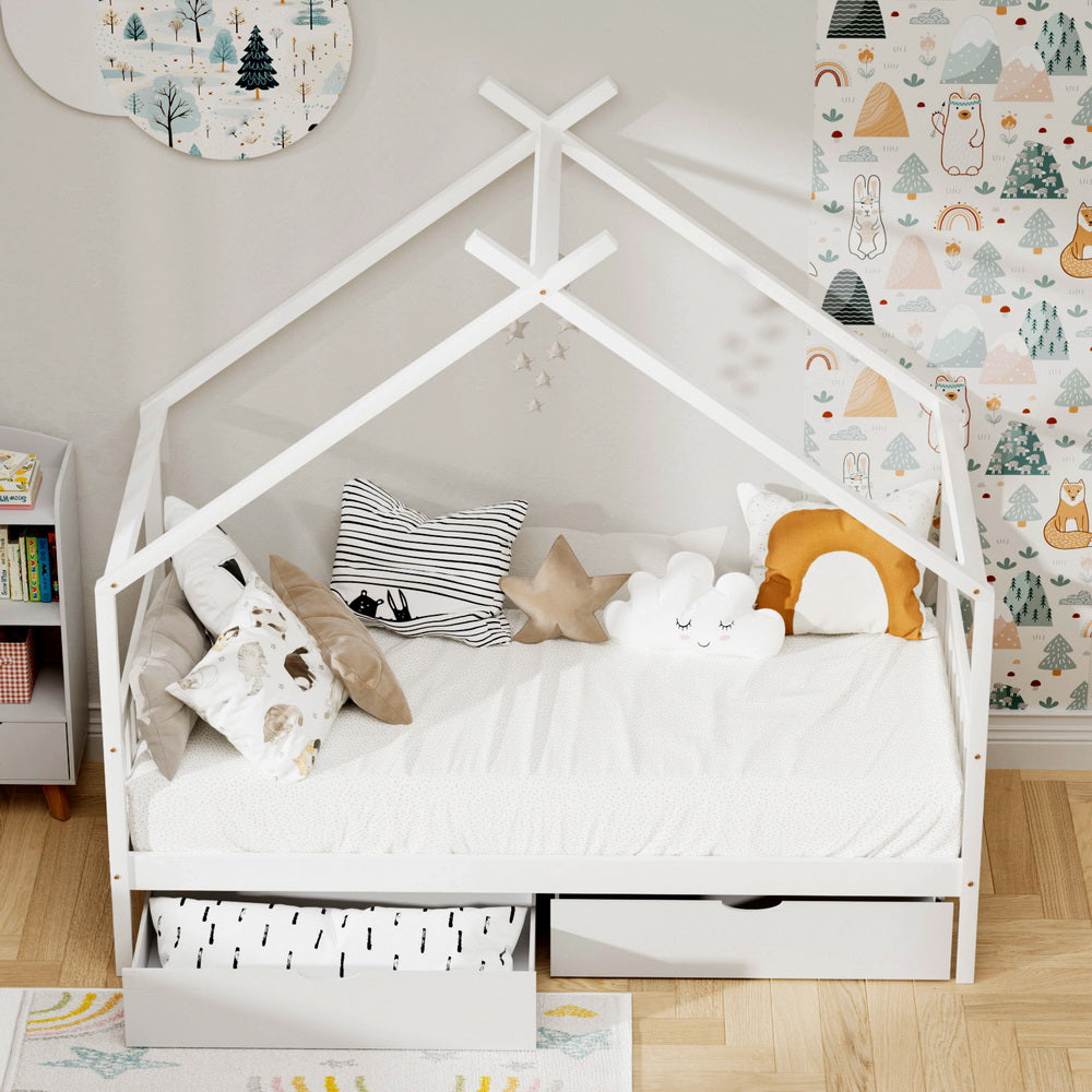 Artiss Bed Frame Wooden Base Kids Single Timber House  with 2 Storage Drawers Beds White