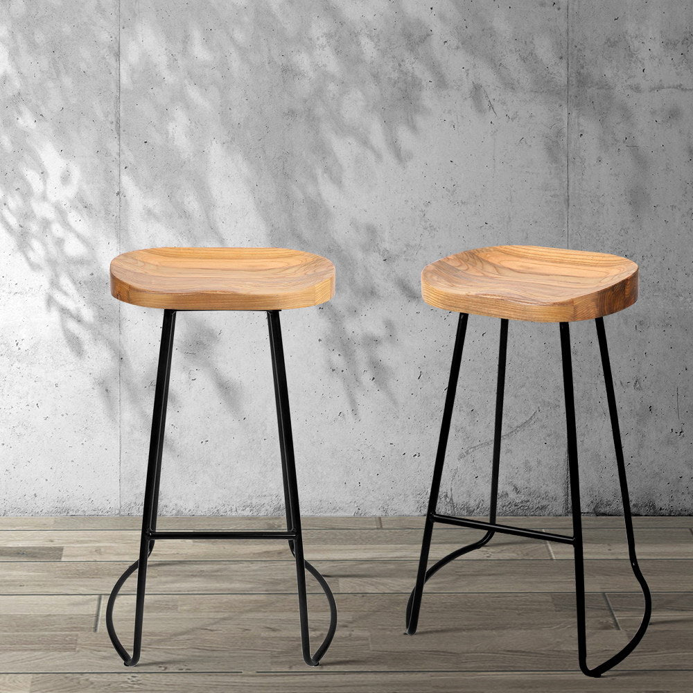 Artiss Set of 2 Elm Wood Backless Bar Stools 75cm - Black and Light Natural