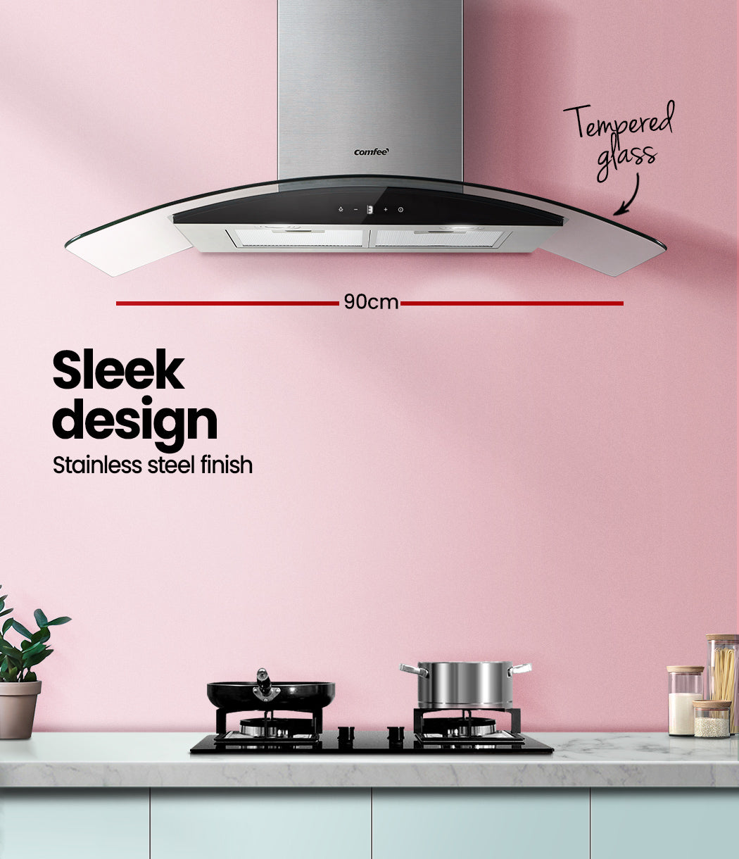 Comfee Rangehood 900mm Range Hood Stainless Steel LED Glass Home Kitchen Canopy