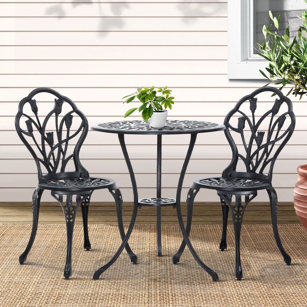 Gardeon 3PC Outdoor Setting Cast Aluminium Bistro Table Chair Patio Black